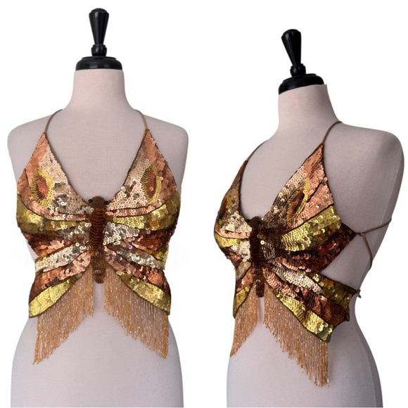 Vintage Tops - Vintage Sequin and Beaded Butterfly Crop Top with Tassels